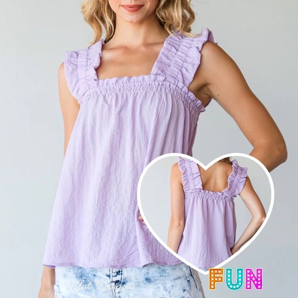 ❤️LAST ONE! Lavender Ruffled Elastic Shoulder Cotton Spring Top! - Picture 1 of 5